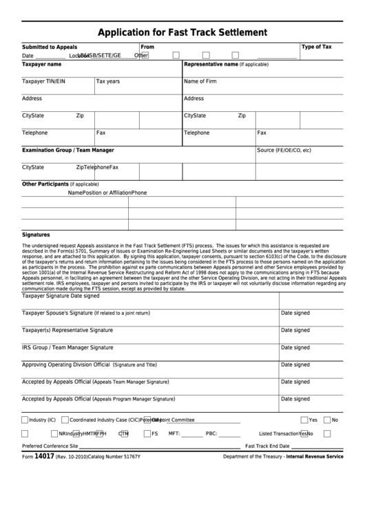 Fillable Form 14017 Application For Fast Track 