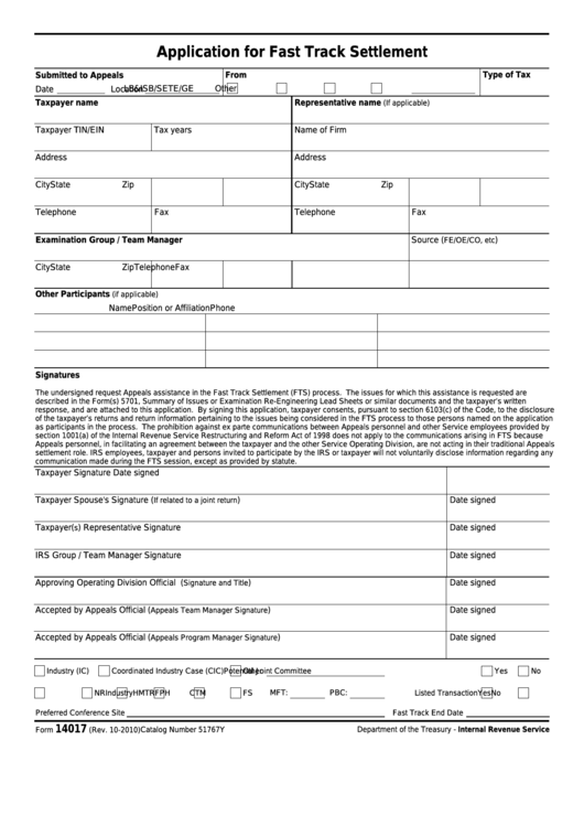 Fillable Form 14017 Application For Fast Track Fillable Form 14017 Application For Fast Track