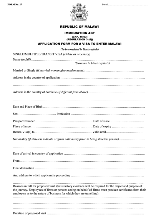 Fillable Form 27 Application Form For A Visa To Enter Fillable Form 27 Application Form For A Visa To Enter