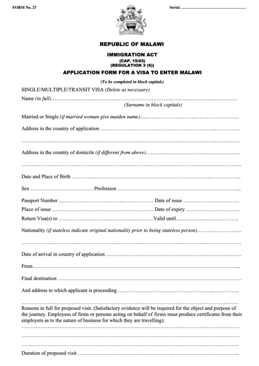 Fillable Form 27 Application Form For A Visa To Enter 