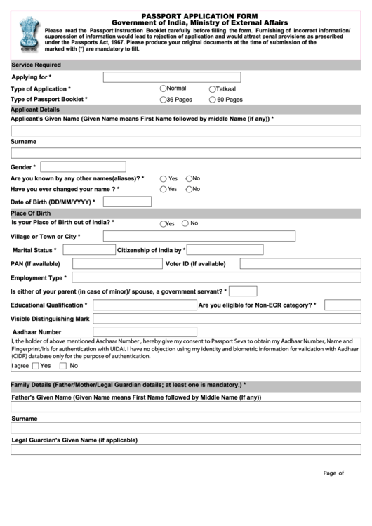 Fillable Passport Application Form Government Of India