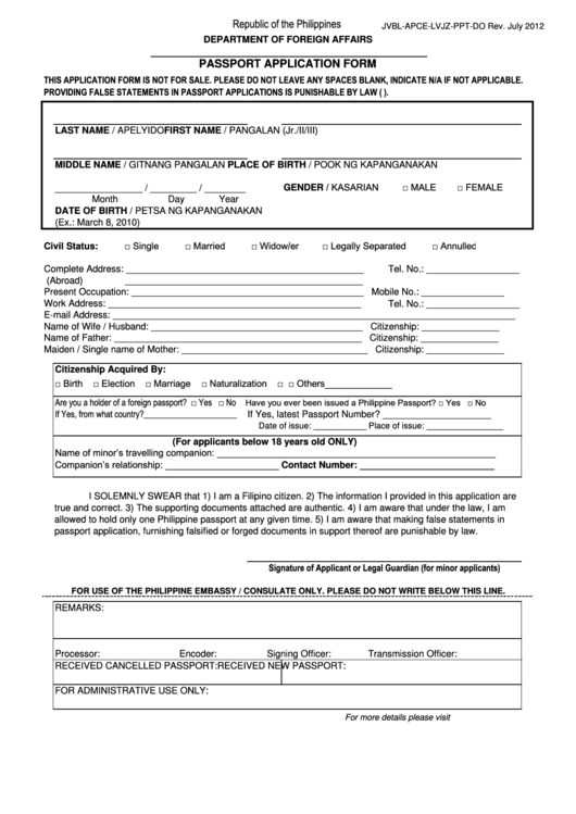 Fillable Passport Application Form Republic Of The 