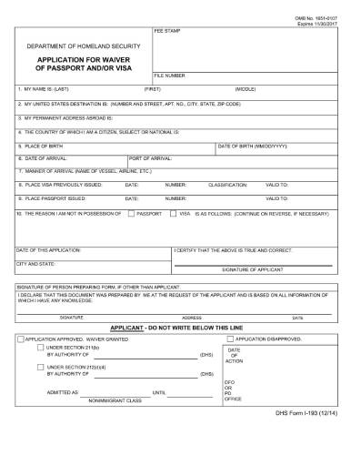 Form I 193 Application For Waiver Of Passport And or Visa