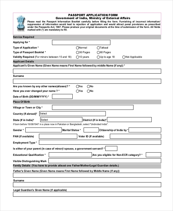 FREE 12 Sample Passport Application Forms In PDF MS