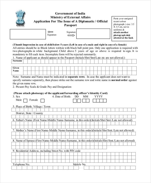 FREE 12 Sample Passport Application Forms In PDF MS 