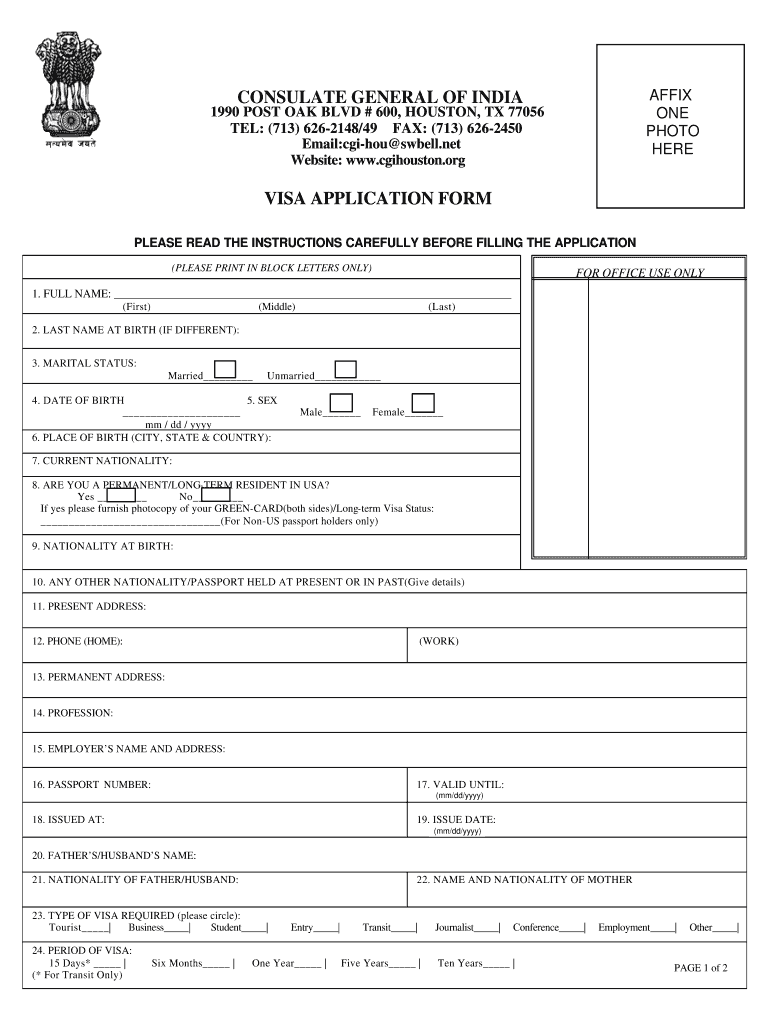 Indian Visa Application Form Pdf Fill Online Printable 