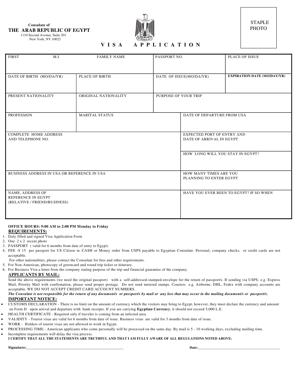 New York City Egyptian Visa Application Form Consulate 