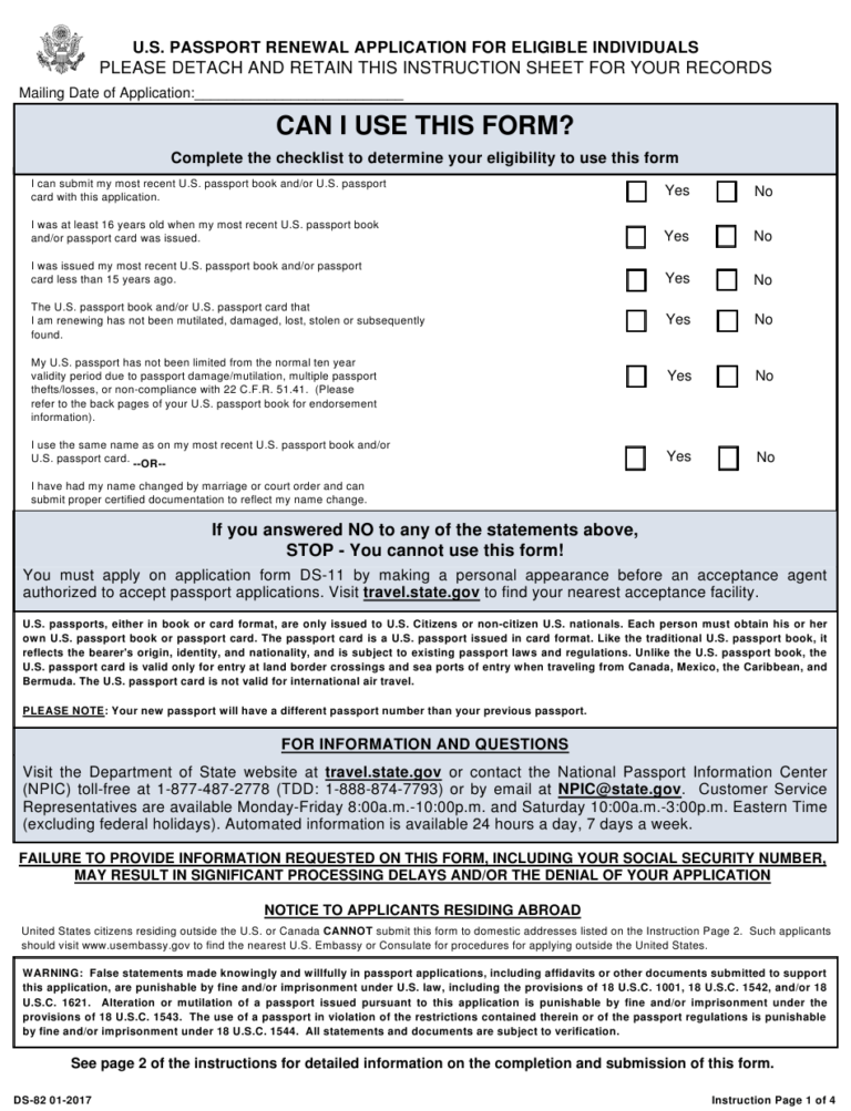 Passport Renewal Application Form DS 82 On The State 