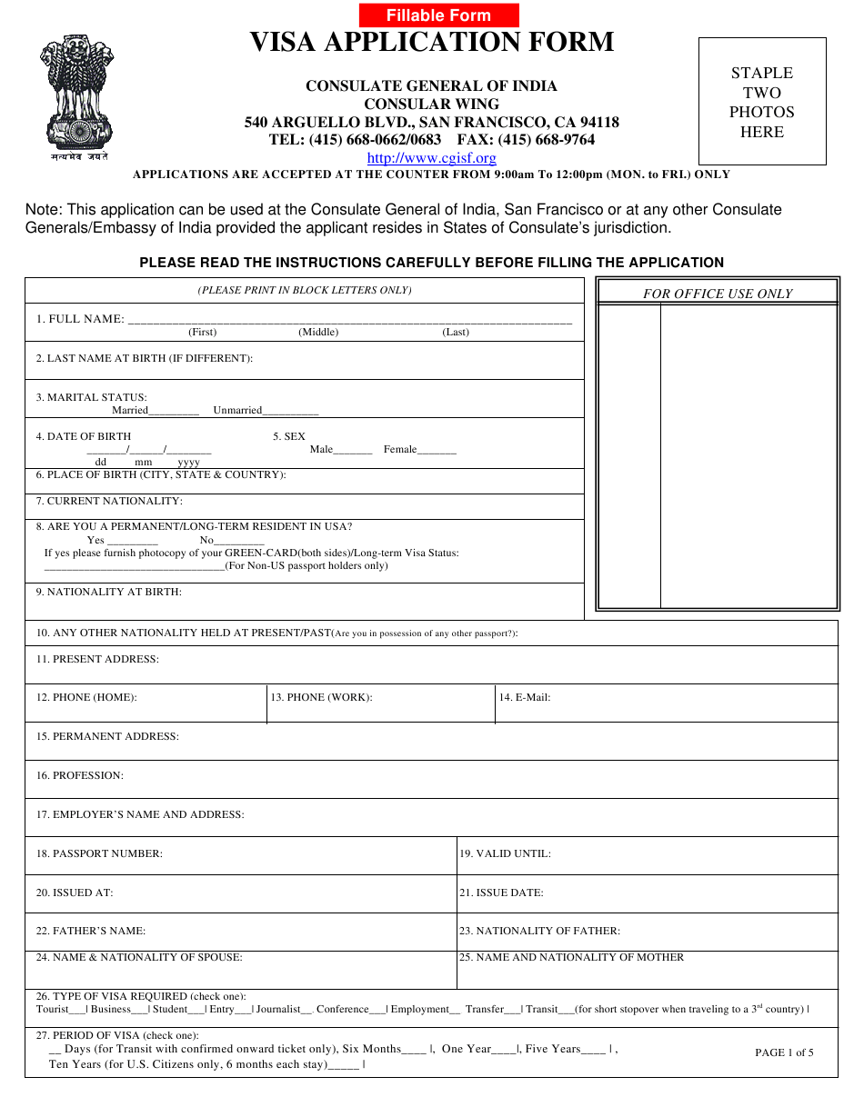 San Francisco California Indian Visa Application Form 