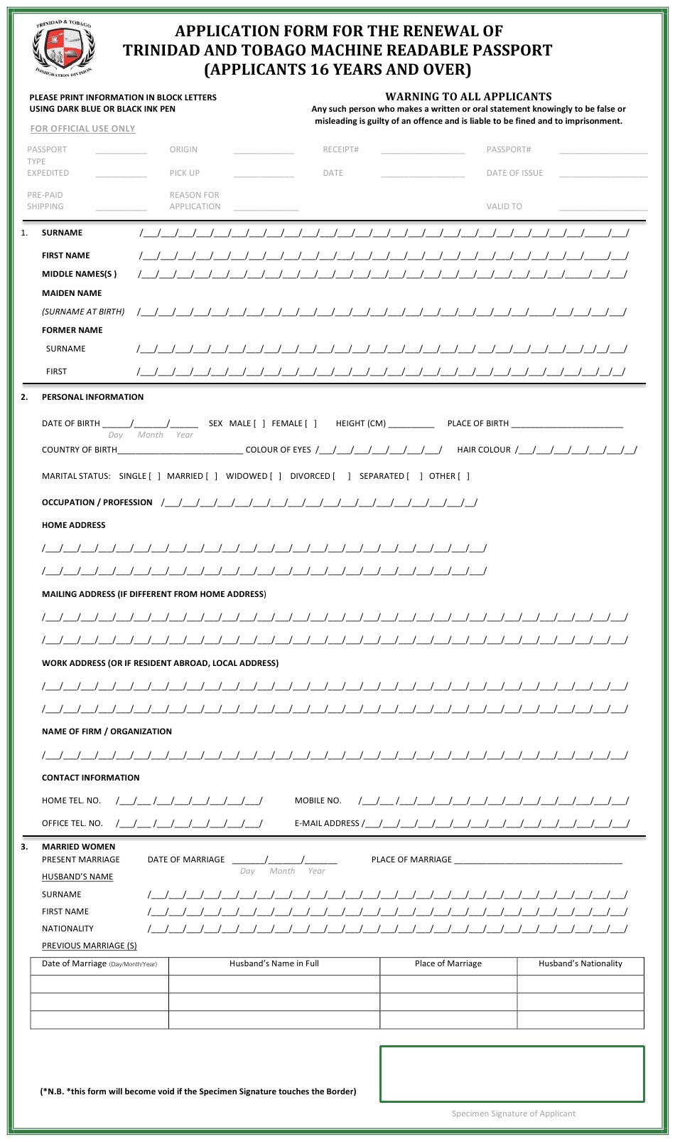 Trinidad And Tobago Application Form For The Renewal Of 