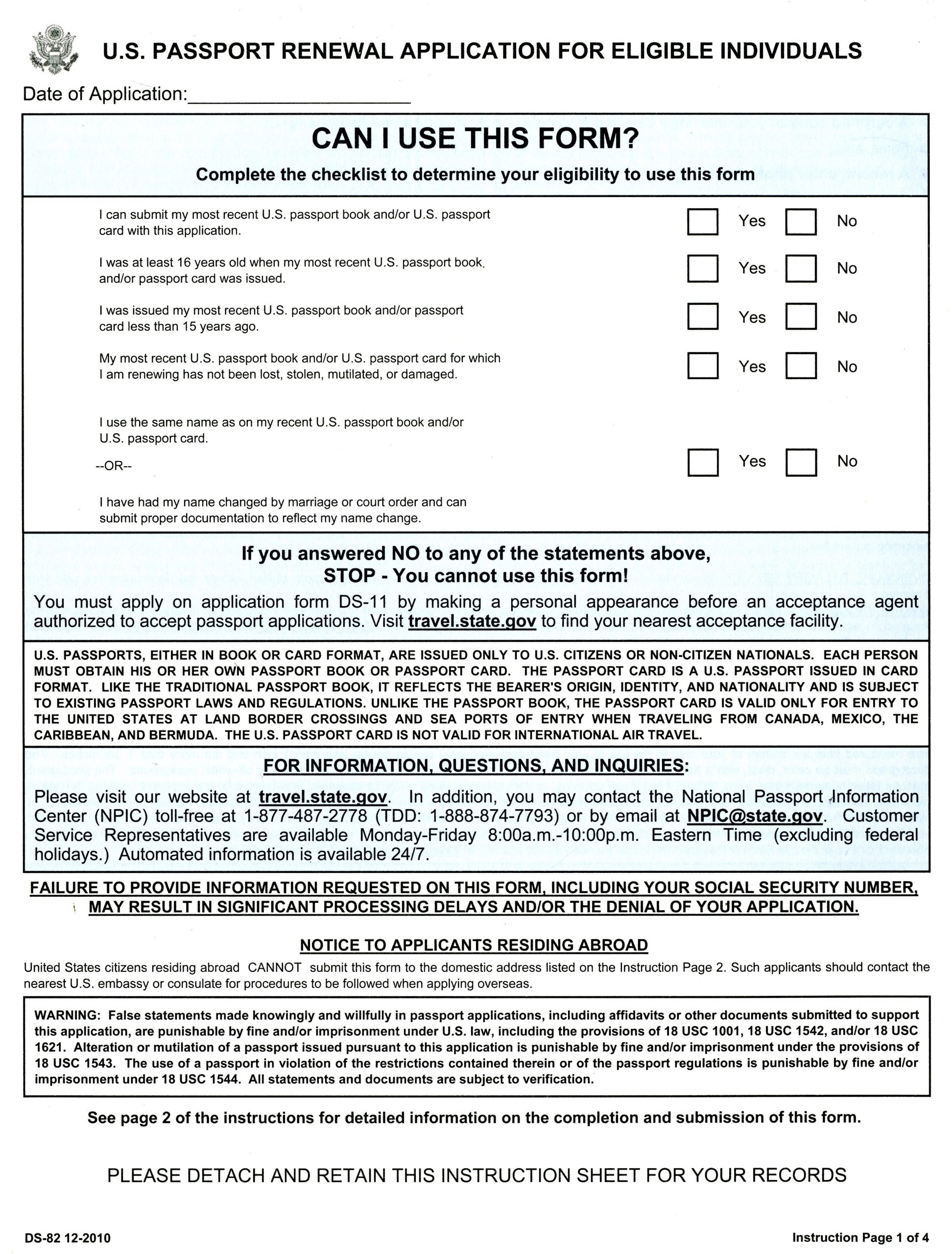 U S Passport Renewal Application For Eligible Individuals 