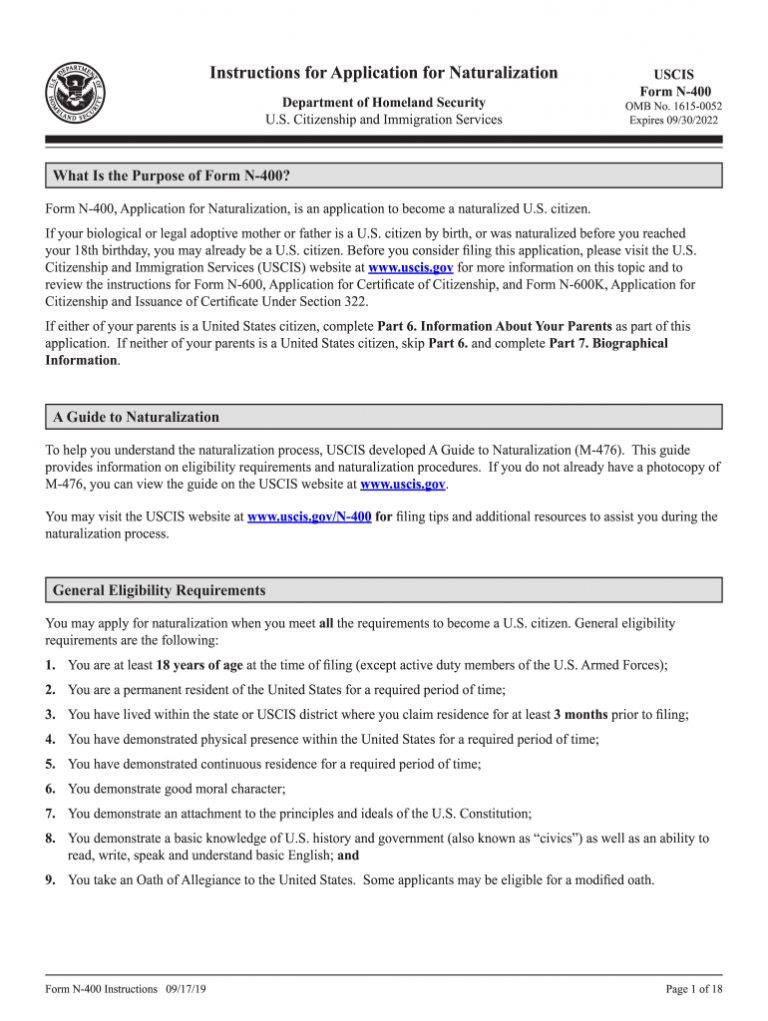 2019 2022 Form USCIS N 400 Instructions Fill Online Printable