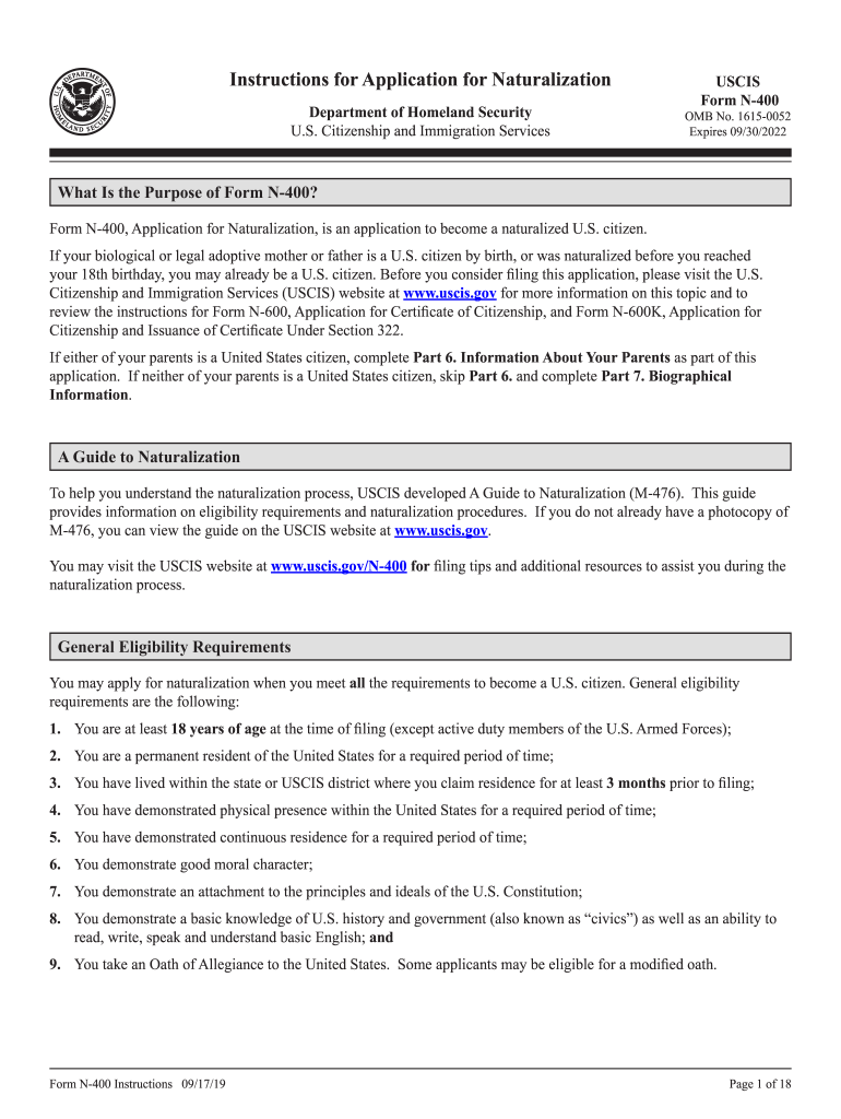 2019 2022 Form USCIS N 400 Instructions Fill Online Printable 