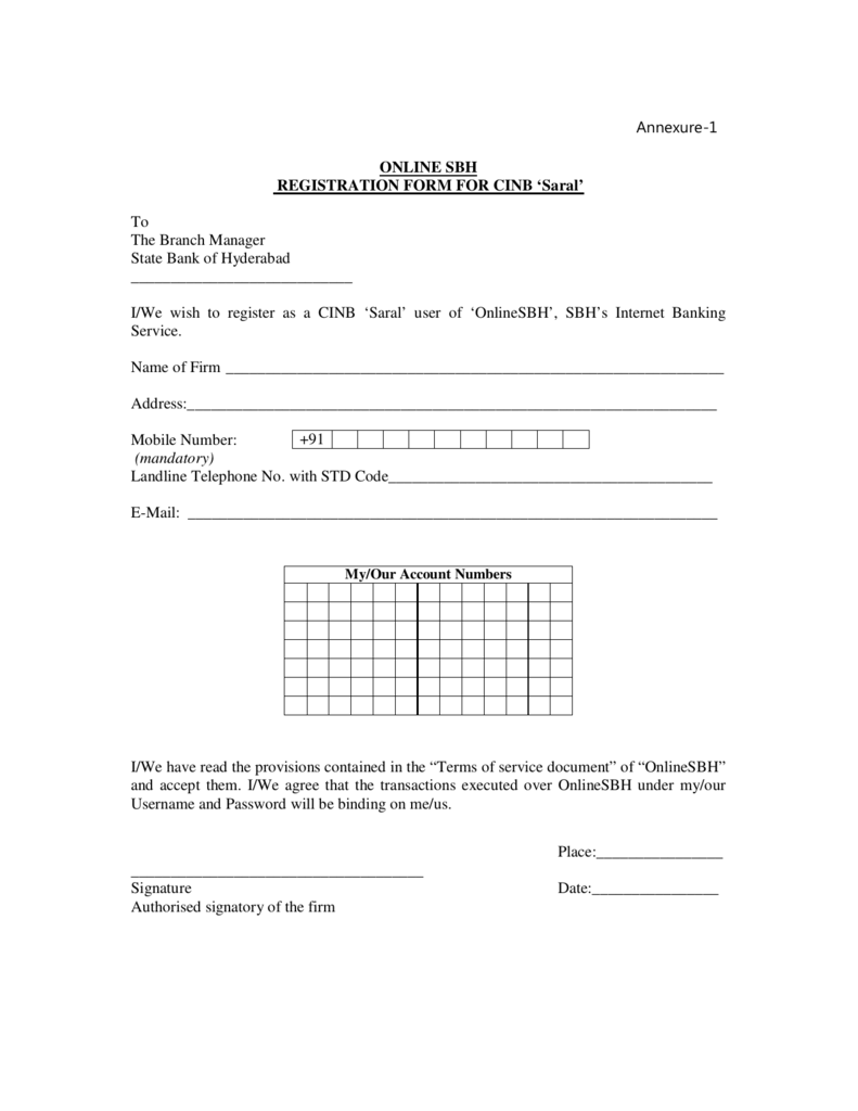 Annexure 1 ONLINE SBH REGISTRATION FORM FOR CINB Saral