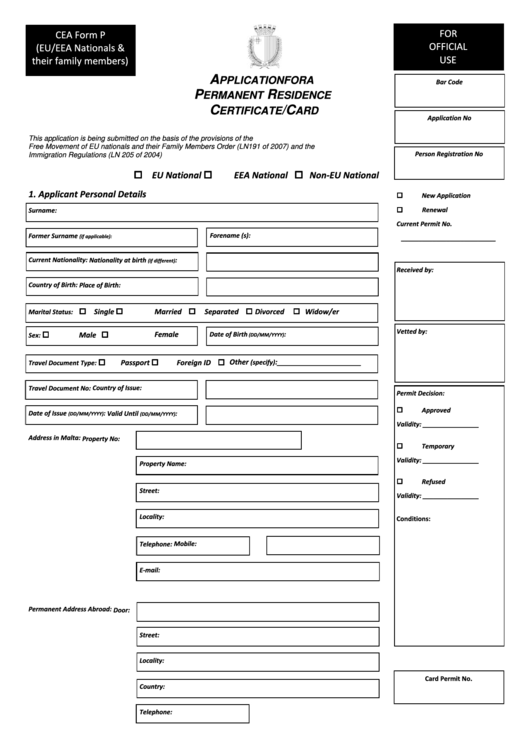Application For A Permanent Residence Certificate Identity Malta 