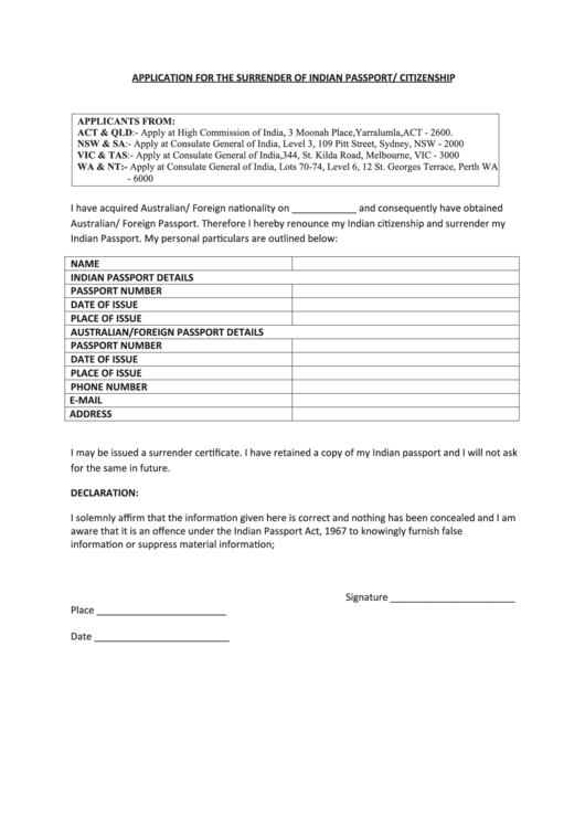 Application Form For Surrendering Indian Passport In Usa Printable 