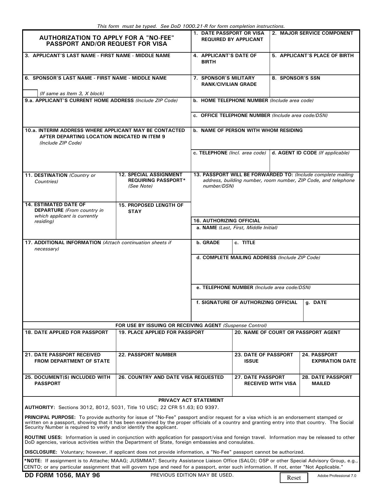 Dd Form 2875 Fillable Dd Form 1056 Fillable Pdf Rental Agreement 