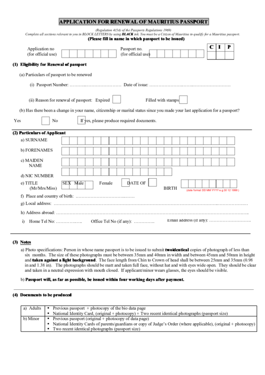 Fillable Application For Renewal Of Mauritius Passport Printable Pdf 