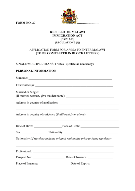 Fillable Application Form For A Visa To Enter Malawi Printable Pdf Download Fillable Application Form For A Visa To Enter Malawi Printable Pdf Download