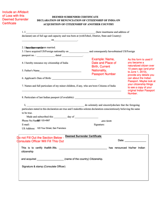 Fillable Deemed Surrender Certificate Form Declaration Of 