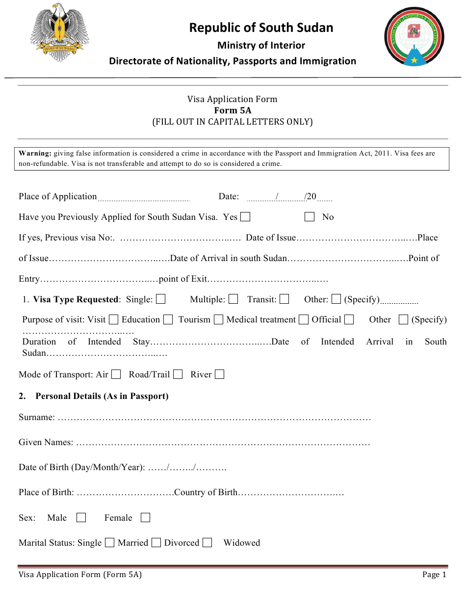 Form 5A Download Printable PDF Or Fill Online Sudan Visa Application Form 5A Download Printable PDF Or Fill Online Sudan Visa Application