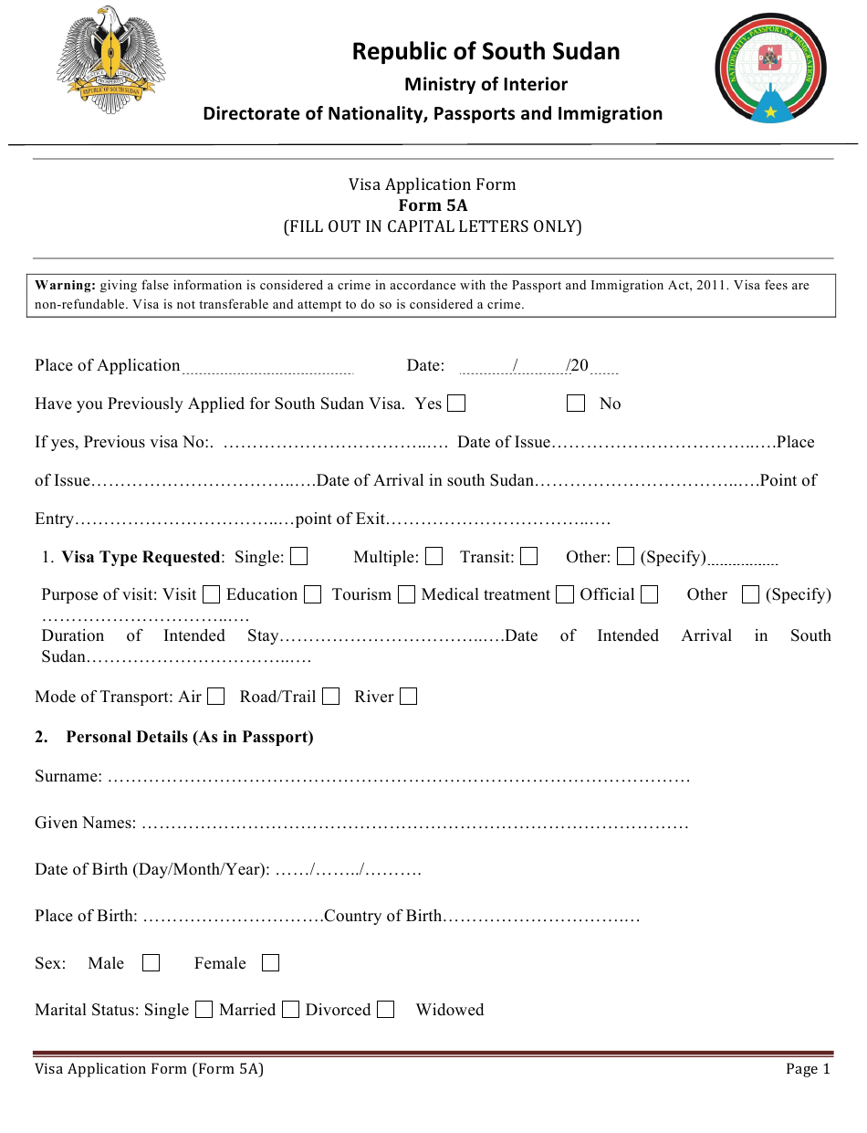 Form 5A Download Printable PDF Or Fill Online Sudan Visa Application 