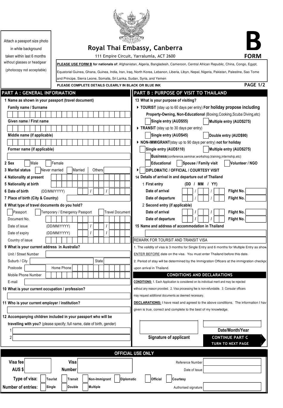 Form B Download Printable PDF Or Fill Online Thai Visa Application Form 