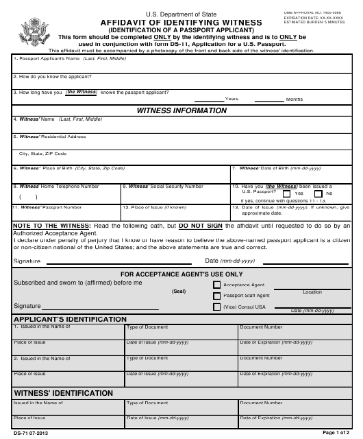 Form DS 71 Download Fillable PDF Or Fill Online Affidavit Of 