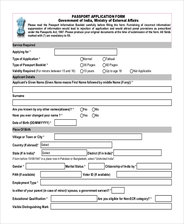 FREE 10 Sample Passport Application Forms In PDF Excel MS Word