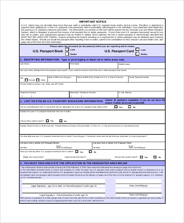 FREE 8 Sample Lost Passport Forms In PDF