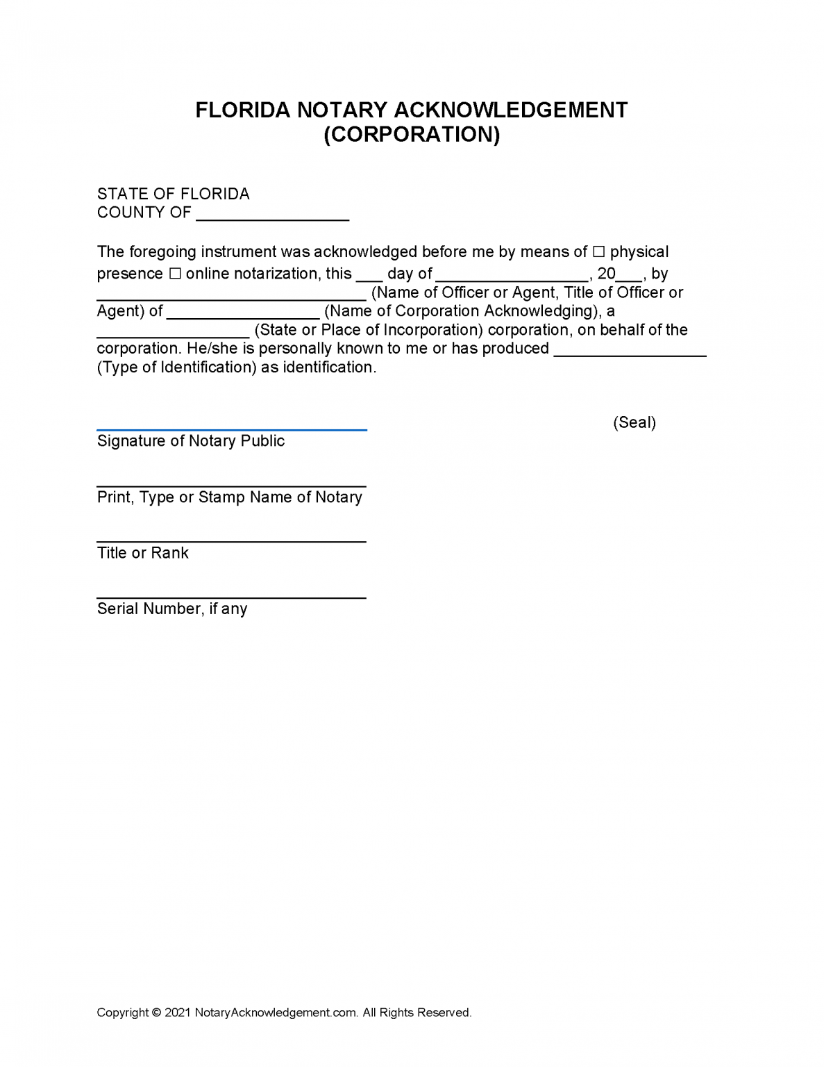 Free Florida Notary Acknowledgement Forms PDF Word