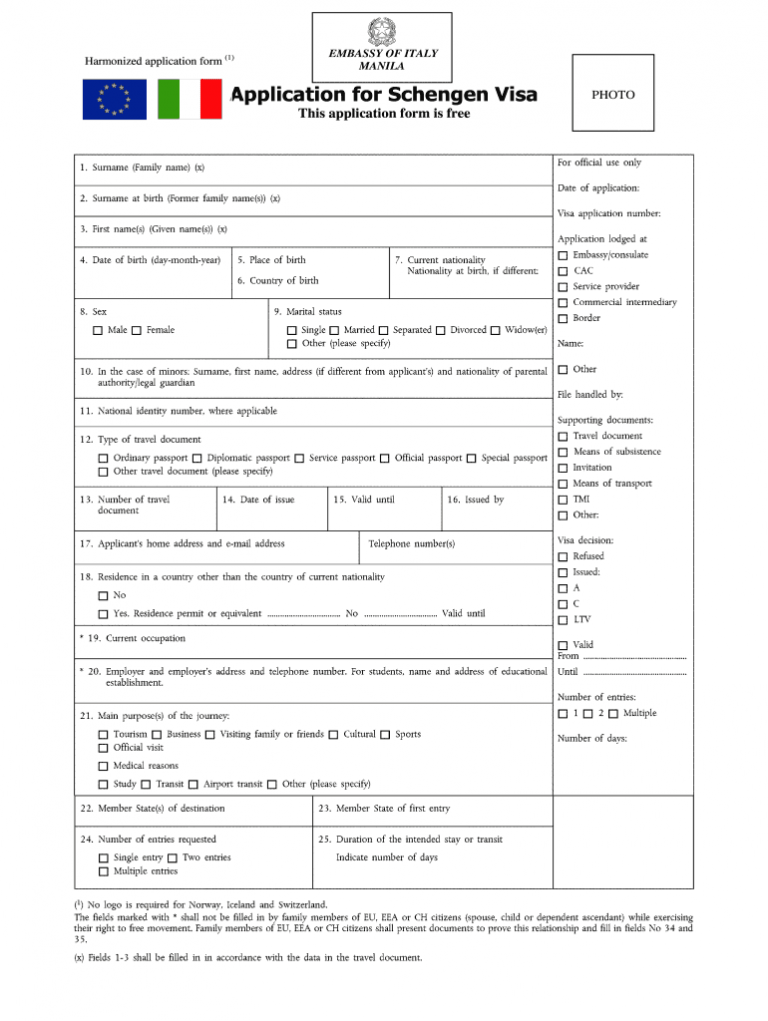 Italy Application For Schengen Visa Fill And Sign Printable Template