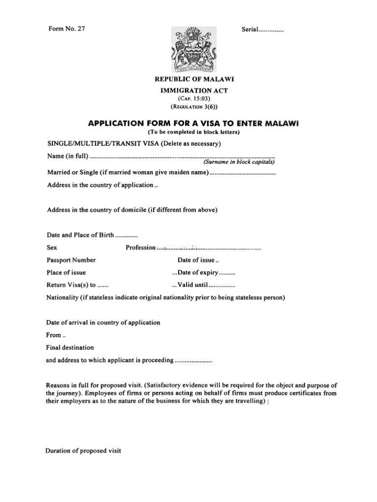 Malawi Visa Application Form PDF Fill Out And Sign Printable PDF