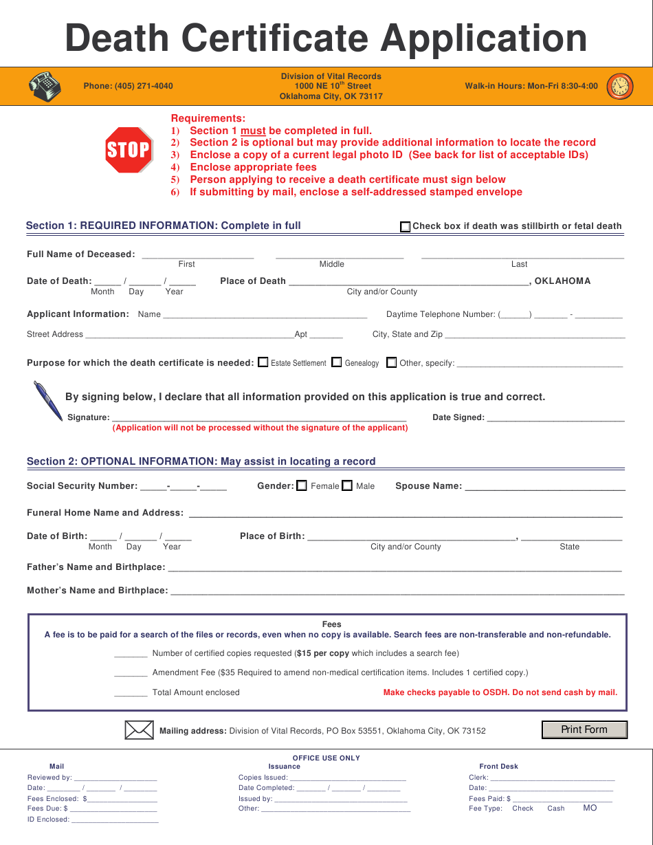 Oklahoma Death Certificate Application Form Download Fillable PDF 