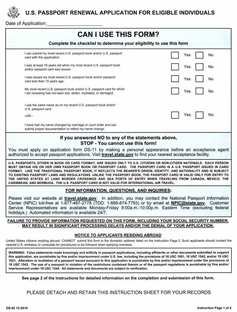Print Form Ds 82 U S Passport Renewal Application For Eligible 