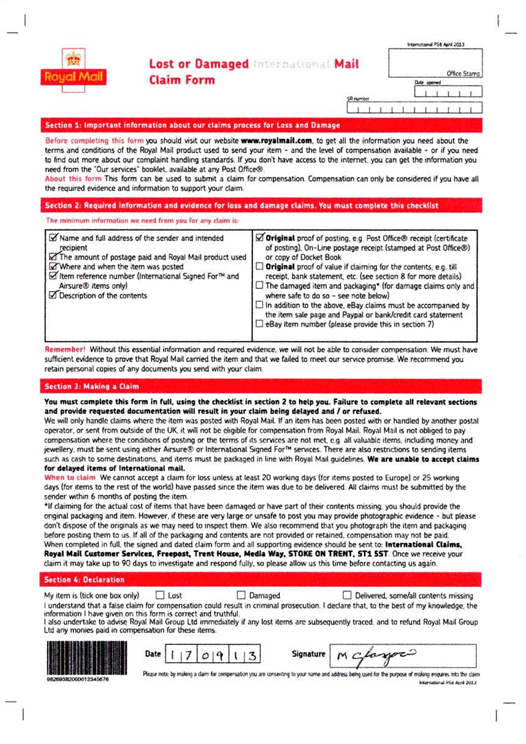 Royal Mail International Claim Form Page 1