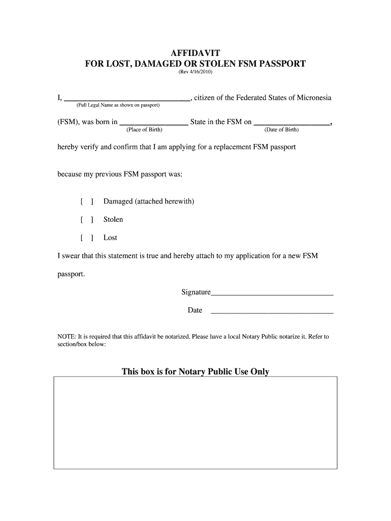 WA Affidavit For Lost Damaged Stolen FSM Passport 2010 2022 Complete WA Affidavit For Lost Damaged Stolen FSM Passport 2010 2022 Complete